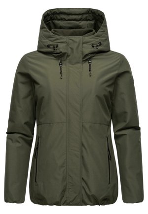 Olive green lightweight jacket with a zip closure, adjustable hood, and two zippered side pockets. Textured fabric with elastic cuffs.