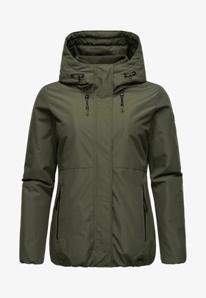 Olive green lightweight jacket with a zip closure, adjustable hood, and two zippered side pockets. Textured fabric with elastic cuffs.