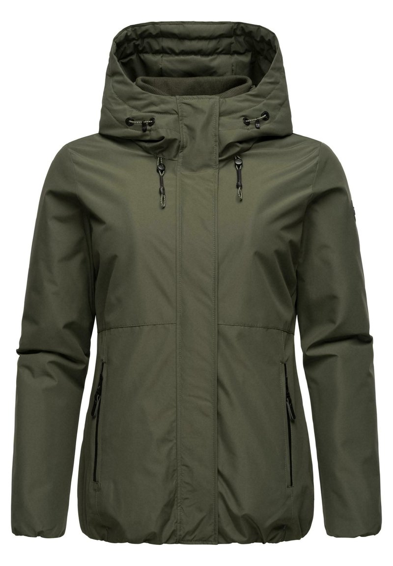 Giacca leggera verde oliva con chiusura a zip, cappuccio regolabile e due tasche laterali con zip. Tessuto testurizzato con polsini elasticizzati.