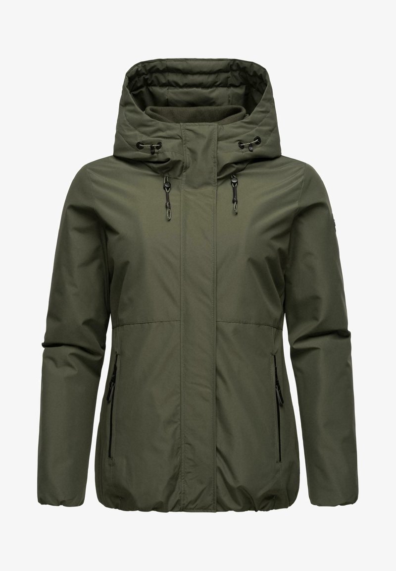 Giacca leggera verde oliva con chiusura a zip, cappuccio regolabile e due tasche laterali con zip. Tessuto testurizzato con polsini elasticizzati.