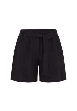 Czarne szorty z wysokim stanem z tkaninowym paskiem związanym na supeł z przodu oraz lekko plisowanym paskiem w talii.