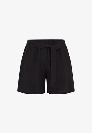 Czarne szorty z wysokim stanem z tkaninowym paskiem związanym na supeł z przodu oraz lekko plisowanym paskiem w talii.