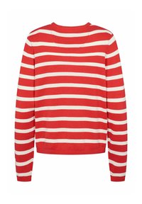 Rood-wit horizontaal gestreepte trui met lange mouwen, gezien van de achterkant, met een ronde halslijn en geribbelde manchetten en zoom.