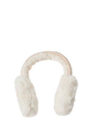 Faux fur öronvärmare i vitt med ett beige tygband. Mjuk textur, rundade öronöverdrag, ingen synlig hårdvara eller ytterligare accentuerande detaljer.