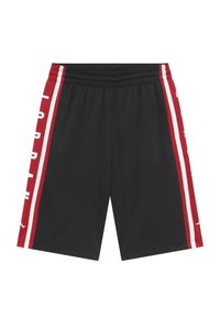 Black athletic shorts with red side stripes featuring white accents. Elastic waistband, lightweight fabric, suitable for activewear.