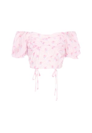 Vaaleanpunainen olkapäät paljastava lyhyt paita, jossa on pussihihat, pieni ruusukuvio, rypytetty etuosa ja säädettävät nauhat helman kohdalla.