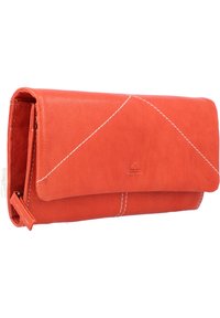 Oranje leren portemonnee met een plat ontwerp, voorzien van witte stiksels, een klep sluiting en een subtiel reliëflogo.