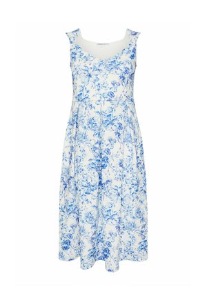 Biała sukienka midi bez rękawów z niebieskim kwiatowym nadrukiem i dopasowaną talią, z szerokimi ramiączkami i zaokrąglonym dekoltem.