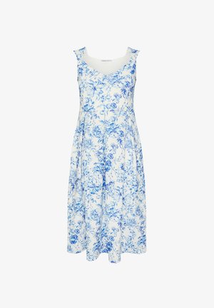 Biała sukienka midi bez rękawów z niebieskim kwiatowym nadrukiem i dopasowaną talią, z szerokimi ramiączkami i zaokrąglonym dekoltem.