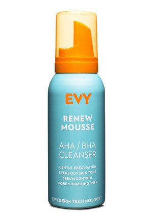 Blaues zylindrisches Mousse-Reinigungsfläschchen mit einer durchsichtigen orangefarbenen Kappe. Der Text hebt "Renew Mousse AHA/BHA Cleanser" hervor und listet die Vorteile auf.