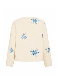 Kremna flis jakna z dolgimi rokavi, z raztresenim modrim cvetličnim vezenjem na hrbtu in rokavih.