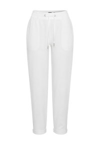 White linen jogger pants with an elastic waistband, adjustable drawstring, and two side pockets; tapered at the ankle with cuffs.