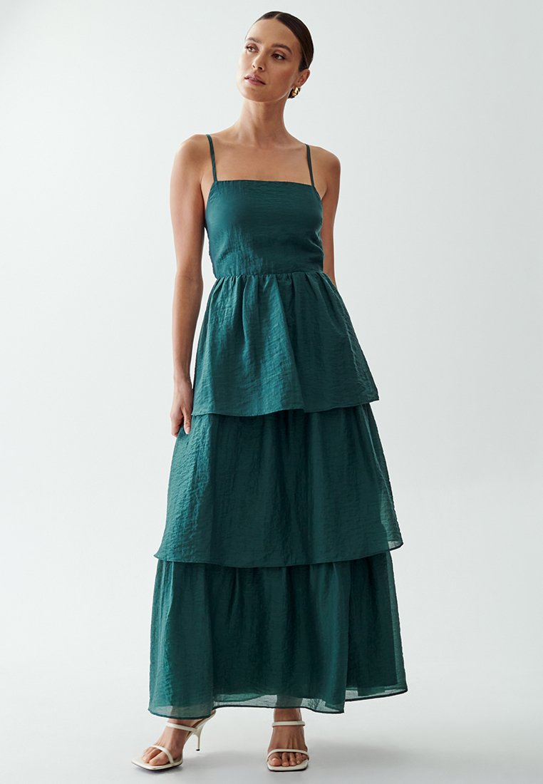 green emerald velvet dress Deep Green Cotton Tiered Maxi Dress, Belted Gown, Autumn Clothing, Bohemian Dress, Spring Long Dress, Xs / Burgundy