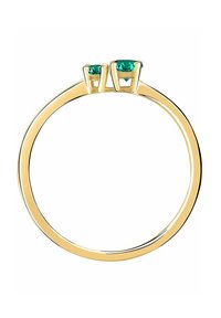 Guldring med två smaragdslipade teal ädelstenar på toppen, inställda i en minimalistisk ring med en slät, polerad yta.