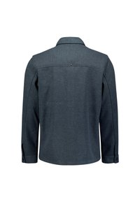 Donkergrijze overhemd met lange mouwen, voorzien van een gestructureerde kraag, knoopmanchetten en een subtiele textuur. Heeft een decoratieve knoopdetail aan de achterkant.
