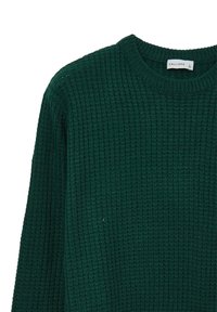 Grüner Strickpullover mit Rippstruktur, Rundhalsausschnitt und langen Ärmeln. Etikett "CALLIOPE" innen sichtbar.