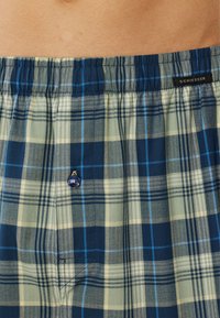 Blauwe en groene geruite boxershort met een elastische tailleband, voorzien van een enkele knoopsluiting en een zachte, textuurrijke katoenen stof.
