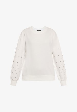 Hanorac alb cu mâneci lungi, având embellishe-uri decorative din pietre și perle pe mâneci. Textură netedă, cu tivuri curbate.