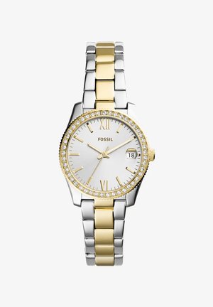 Silber- und goldfarbene Armbanduhr mit einem Metallarmband. Runder Gehäuse, Mineralglas und Kristallakzente auf der Lünette. Verfügt über römische Ziffern und Datumsanzeige.