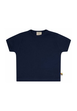 T-shirt in cotone blu navy con maniche corte, scollatura rotonda, orlo dritto e un piccolo etichetta multicolore sul lato sinistro.