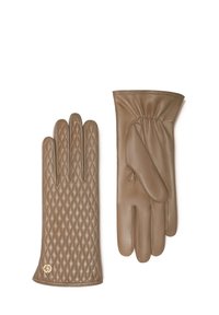 Brown leather gloves; one features a quilted pattern, the other has a smooth texture and gathered wrist detail. Gold logo accent visible.