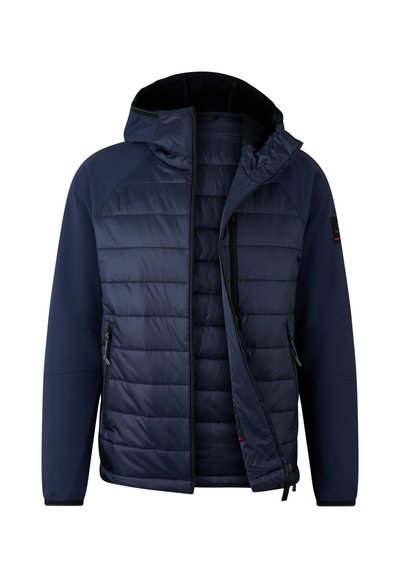 Marineblaue Steppjacke mit Kapuze, gestepptem Vorderteil, glatten Ärmeln, Reißverschlusstaschen und kontrastierendem schwarzem Innenfutter.