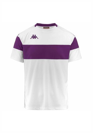 Chemise de sport blanche à manches courtes avec des rayures horizontales violettes. Dotée d'un col violet et du logo Kappa en violet sur la poitrine.