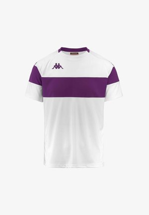 Chemise de sport blanche à manches courtes avec des rayures horizontales violettes. Dotée d'un col violet et du logo Kappa en violet sur la poitrine.