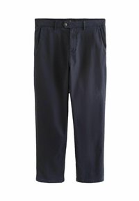 Men’s navy blue casual trousers with button closure, belt loops, and front pockets, displayed against a white background.