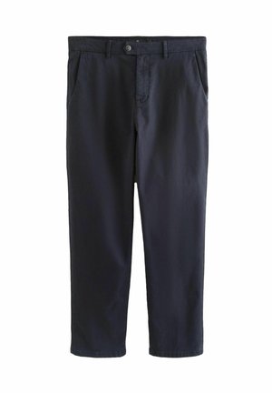 Men’s navy blue casual trousers with button closure, belt loops, and front pockets, displayed against a white background.