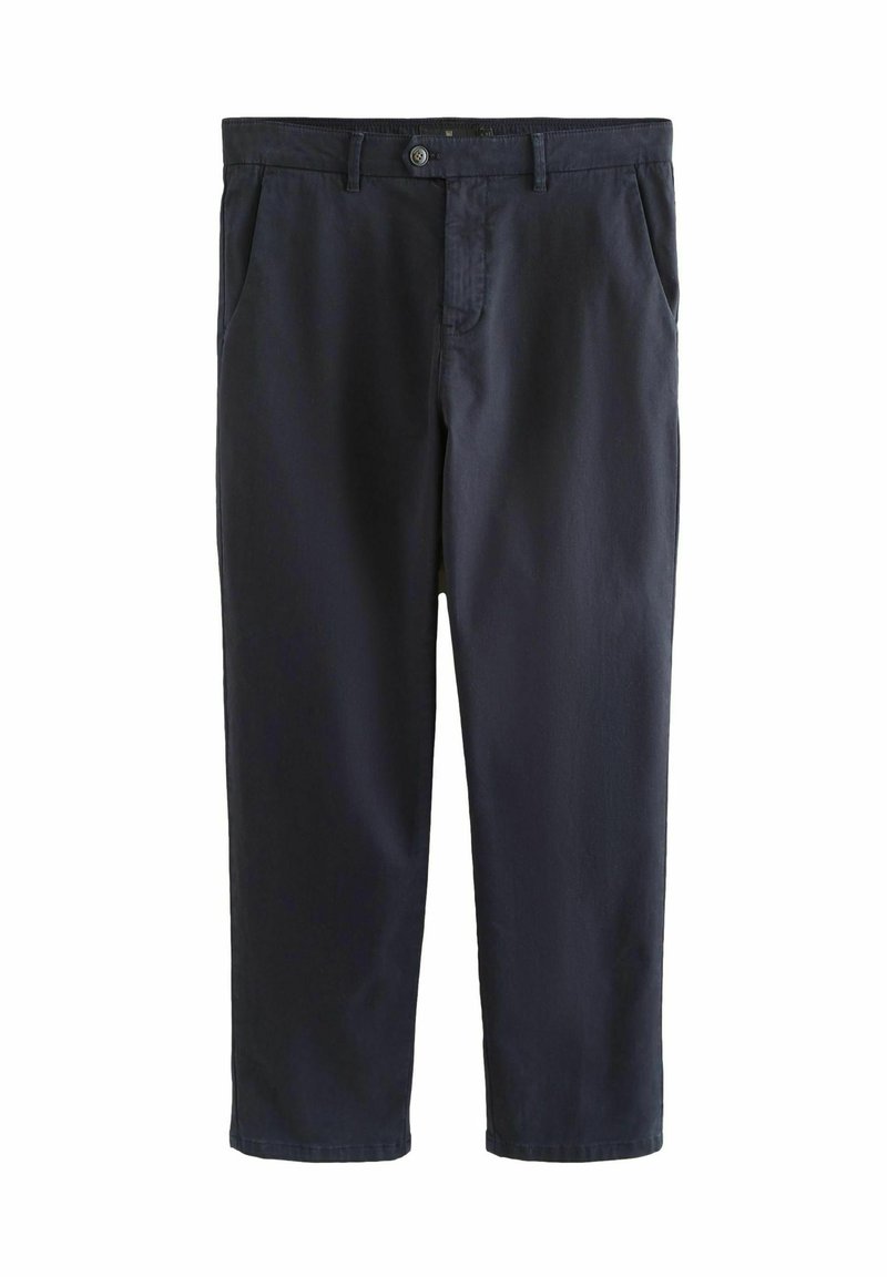 Men’s navy blue casual trousers with button closure, belt loops, and front pockets, displayed against a white background.