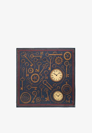 Sciarpa blu scuro decorata con chiavi d'oro vintage, ingranaggi di orologi e due orologi in stile antico con numeri romani e arabi.
