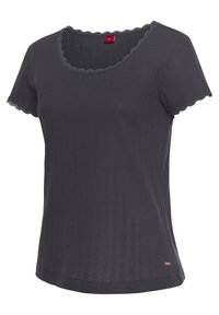 Dark gray short-sleeve T-shirt with a scalloped neckline. Features subtle vertical ribbing and a metallic logo accent near the hem.