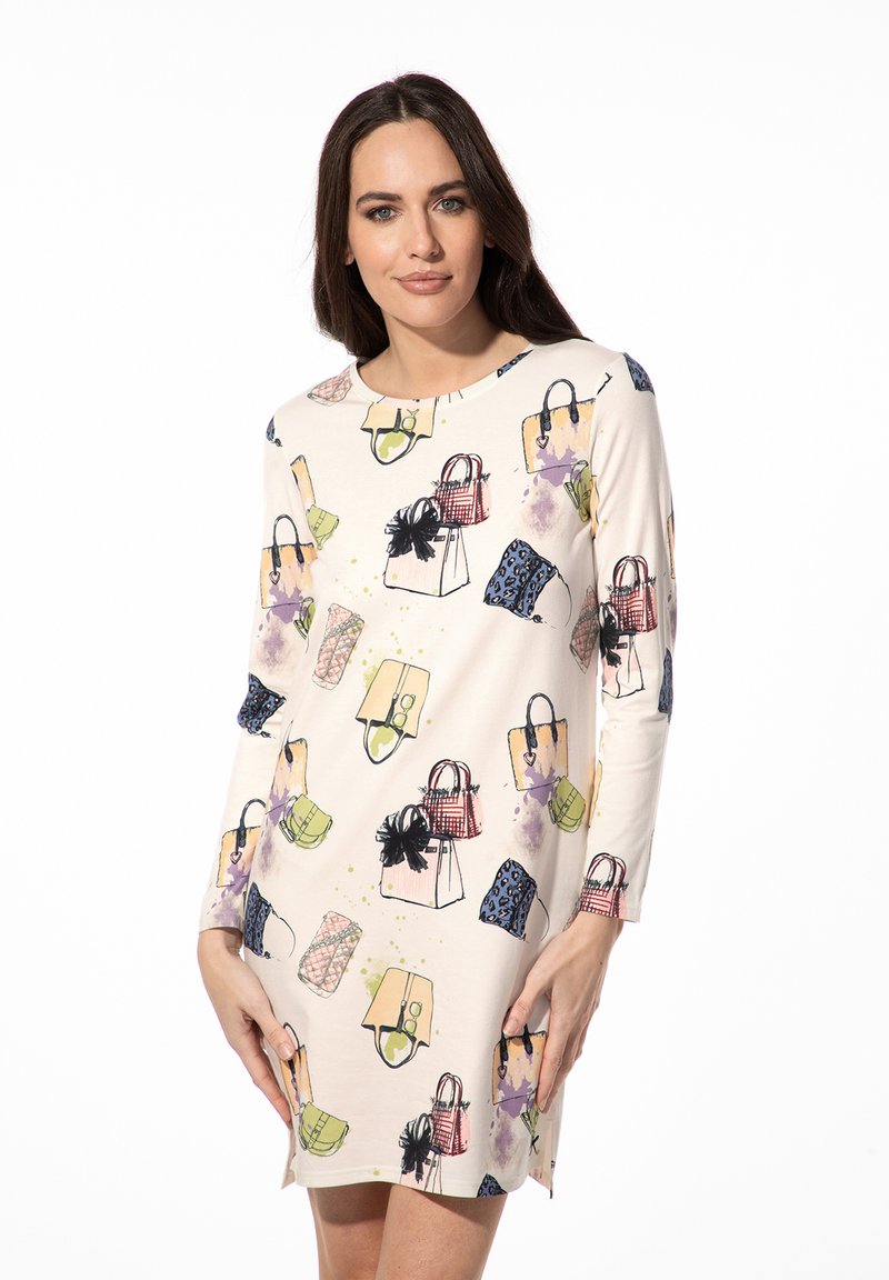 Langärmliges cremefarbenes Kleid mit verschiedenen Handtaschenillustrationen in Pastellfarben, rundem Ausschnitt und weichem Stoff.