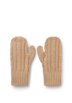 Moufles en laine beige tricotées avec motif torsadé et poignets côtelés, présentées à plat avec les pouces orientés vers l'intérieur sur fond blanc.