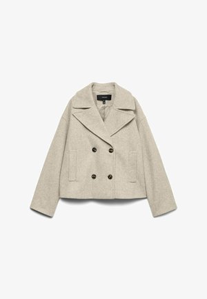 Hall halli- segu kiudkangast jakk kahekordse nööpimisega, suurte revääridega, kahe eesmise tasku ja tumedate nööpide aktsentidega. Lühike pikkus.