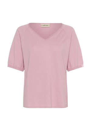 T-shirt rose à manches courtes avec encolure en V, fabriqué en matière douce. Présente une coupe décontractée et un détail de logo discret à l'ourlet.