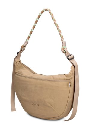 Borsa a tracolla in tessuto beige a forma di mezzaluna con tracolla regolabile e manico decorativo in corda nei colori marrone, bianco e verde menta.
