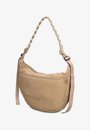 Beige Stoff-Schultertasche in Halbmondform mit verstellbarem Träger und dekorativem Seilgriff in Braun, Weiß und Minzgrün gemustert.