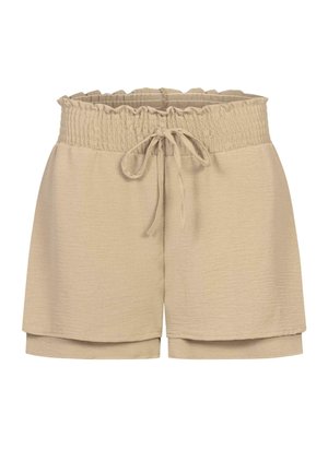 Beige-shortsit, joissa on joustava smokkivyötärö ja nauha. Sujuva kangas, rento istuvuus, kerrospohjamuotoilu.