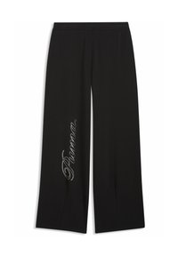 Μαύρο παντελόνι φαρδύ με ελαστική μέση και ασημένιο λογότυπο "Panna" σε γραφή, τυπωμένο κάθετα στο αριστερό πόδι.