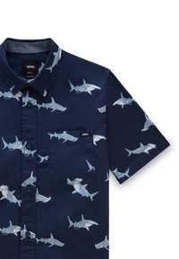 Marynarska koszula z krótkim rękawem z guzikami w niebiesko-białe wzory z lamparcim rekinem oraz kieszonką na piersi z metką Vans.