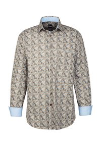 Camicia con bottoni, caratterizzata da un design floreale marrone su uno sfondo chiaro, con accenti blu sui polsini e sul colletto, realizzata in tessuto intrecciato.