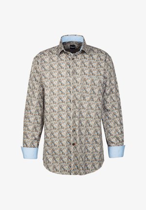 Camicia con bottoni, caratterizzata da un design floreale marrone su uno sfondo chiaro, con accenti blu sui polsini e sul colletto, realizzata in tessuto intrecciato.