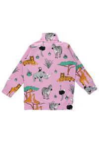 Light pink fleece jacket featuring illustrated animals like zebras, giraffes, and a rhinoceros, with long sleeves and a mock collar.