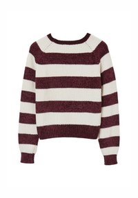 Gestreifter Pullover mit abwechselnd maroon und cremefarbenen Streifen, gerippter Textur, Rundhalsausschnitt und langen Ärmeln. Tiefer gerippter Saum und Bündchen.