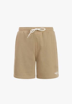 Niño rubio está de pie descalzo vistiendo una camiseta color verde azulado con gráfico de sol y pantalones cortos beige contra un fondo liso y claro.