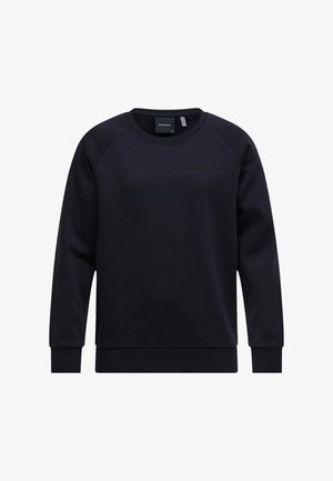 Sweat-shirt noir à col rond avec manches longues, poignets et ourlet côtelés, et petit logo embossé "Peak Performance" sur la poitrine.