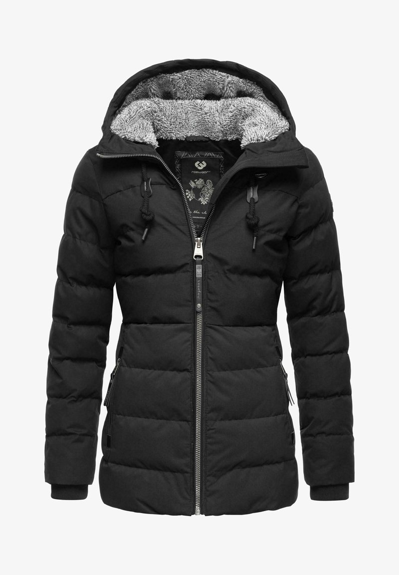 Black puffy jacket with a zip front, adjustable hood, and soft gray inner lining. Features stitched panels and pockets with zippers.