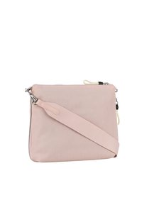 Borsa a tracolla in nylon rosa con una superficie liscia, chiusura con zip, tracolla regolabile e dettagli in pelle per una maggiore durata.